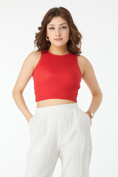 24438-KIRMIZI Bisiklet Yaka Kısa Kollu Crop 