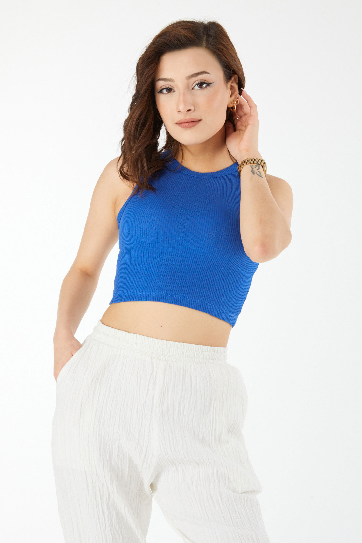 Kısa Kollu Crop Saks - 24438 - 2