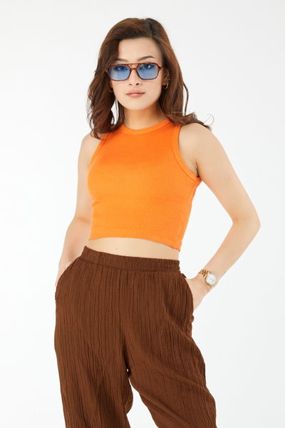 24438-TURUNCU Bisiklet Yaka Kısa Kollu Crop 