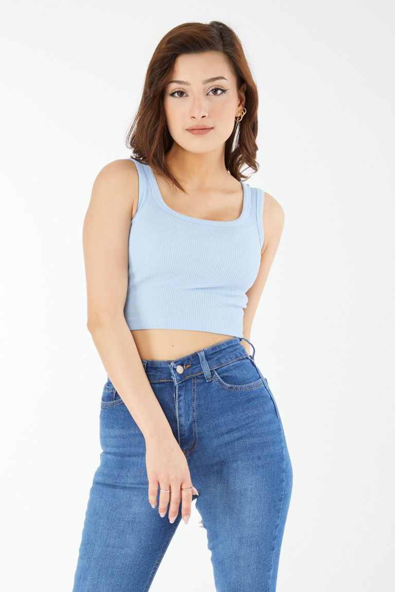 Kare Yaka Kısa Kollu Crop Bebe Mavi - 24439 - TOFİSA