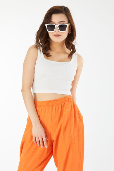 Kare Yaka Kısa Kollu Crop Beyaz - 24439 