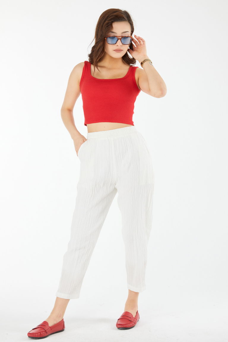 24439-KIRMIZI Kare Yaka Kısa Kollu Crop - TOFİSA