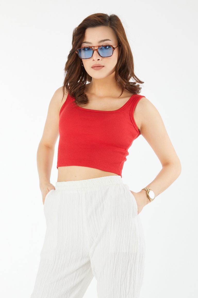 24439-KIRMIZI Kare Yaka Kısa Kollu Crop - TOFİSA