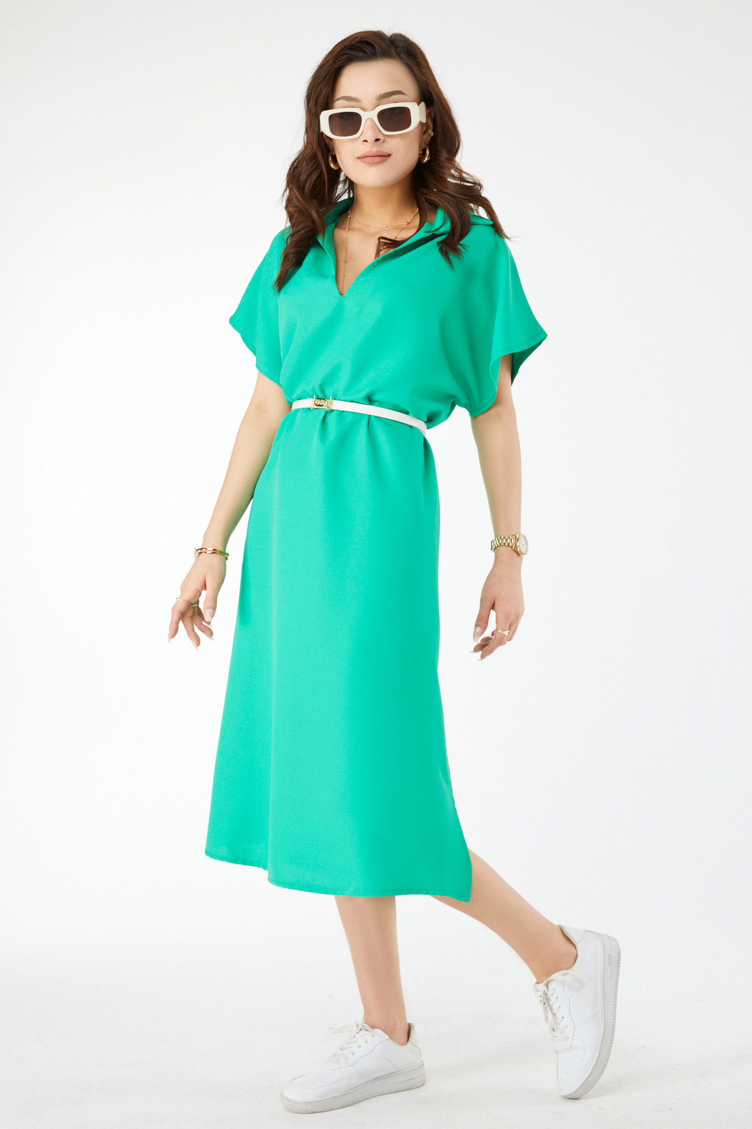 24442-YESIL V Yaka Sıfır Kol Elbise - 1