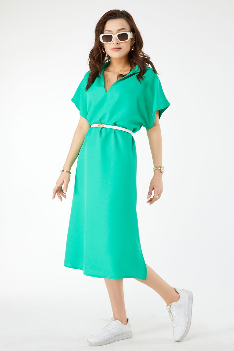 24442-YESIL V Yaka Sıfır Kol Elbise - TOFİSA
