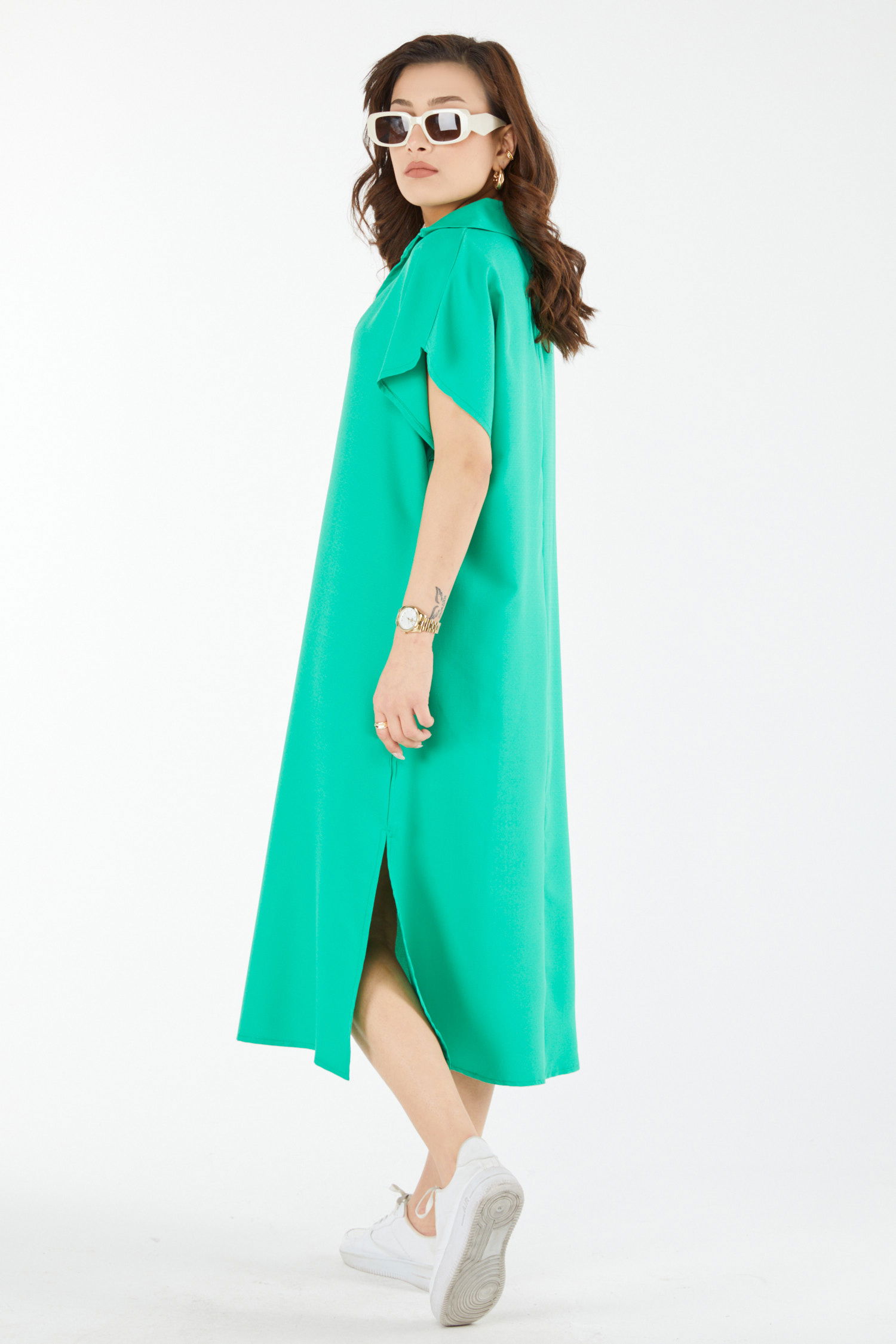 24442-YESIL V Yaka Sıfır Kol Elbise - 5