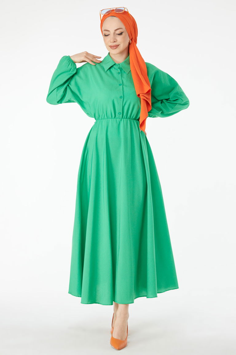 Beli Lastikli Elbise Yesil - 24526 - TOFİSA