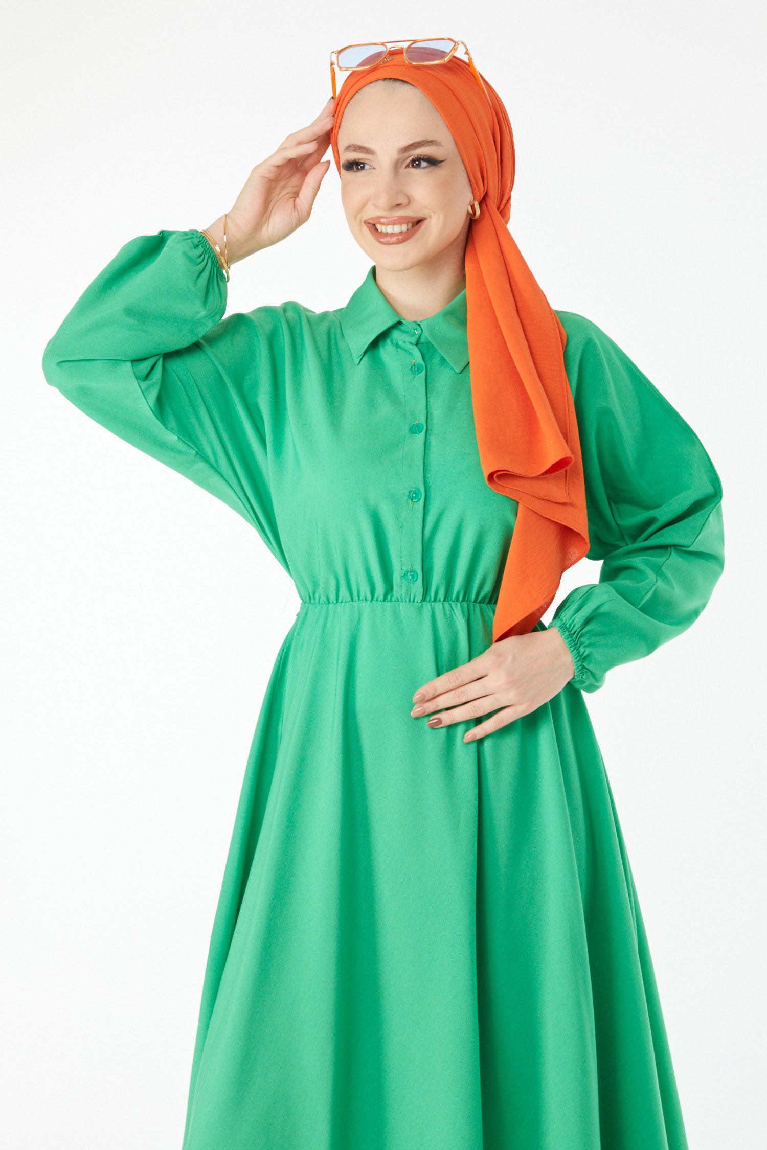 Beli Lastikli Elbise Yesil - 24526 - 4