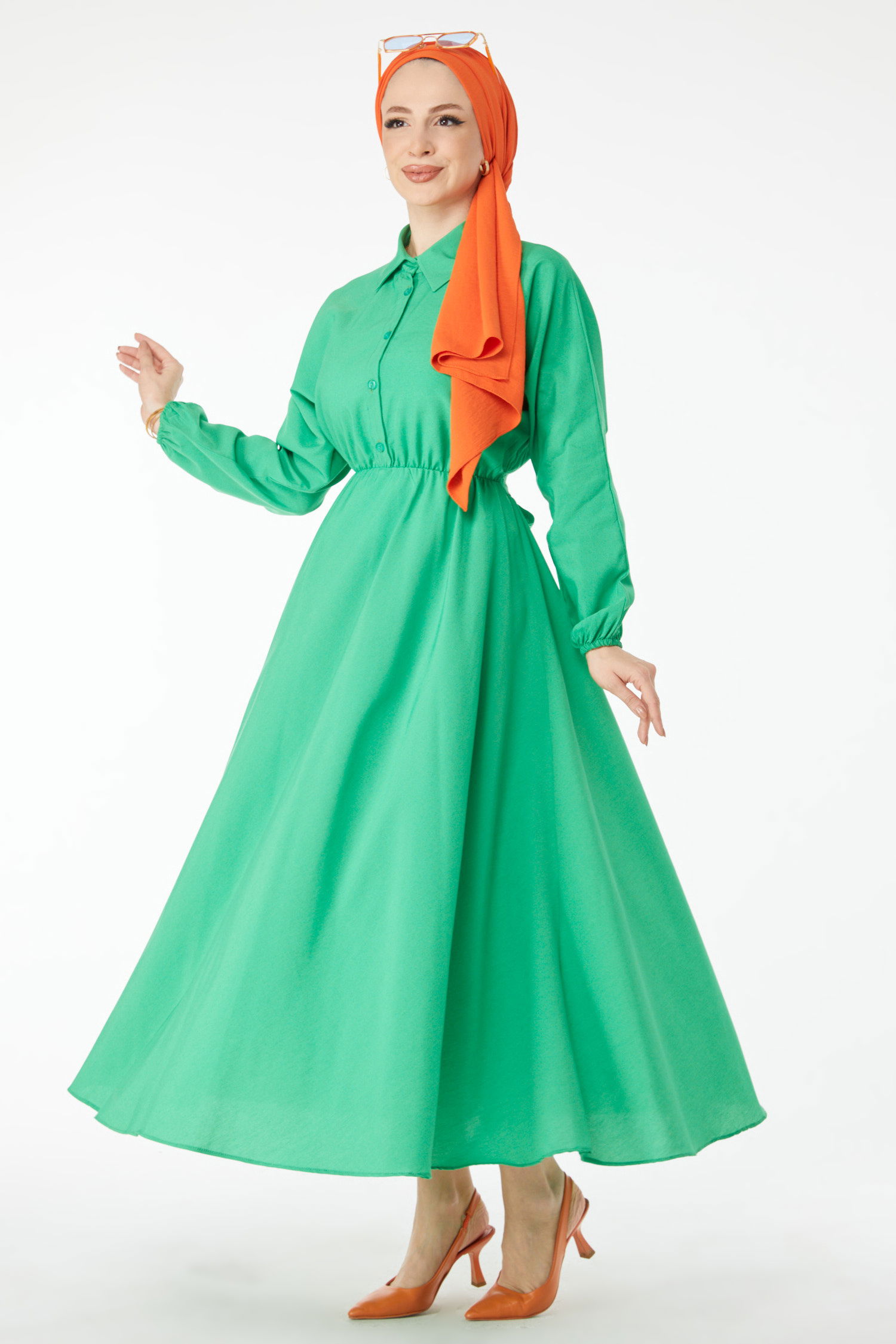Beli Lastikli Elbise Yesil - 24526 - 5
