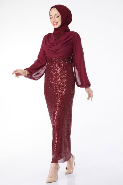 Kolları Şifon Payetli Abiye Elbise Bordo - 24597 