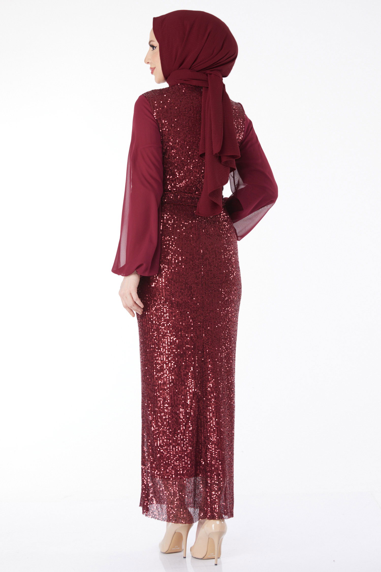 Kolları Şifon Payetli Abiye Elbise Bordo - 24597 - 6