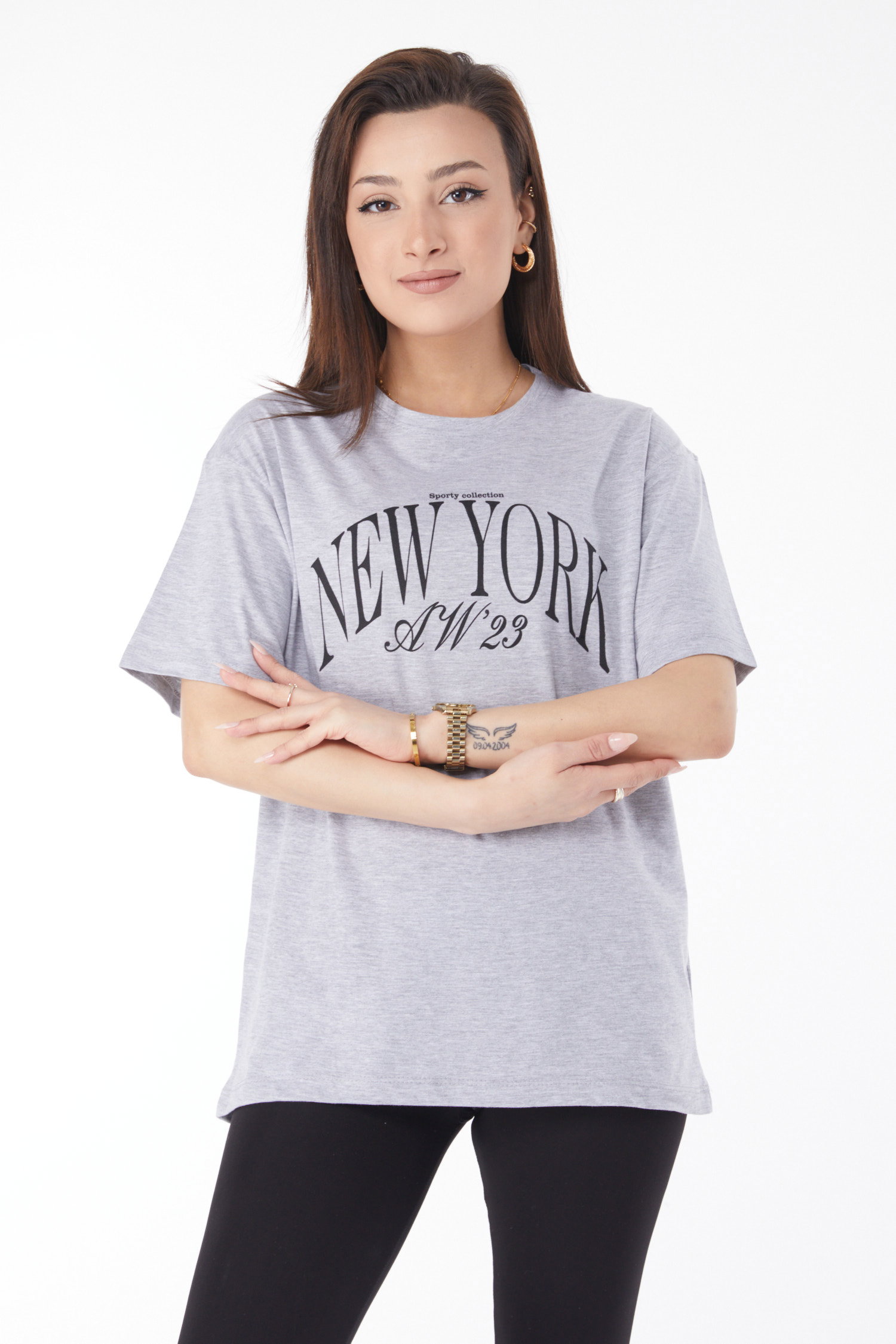 Kısa Kollu Baskılı T-shirt Gri - 24629 - 1
