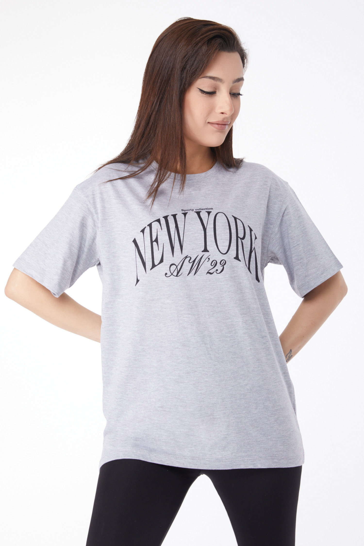 Kısa Kollu Baskılı T-shirt Gri - 24629 - 2