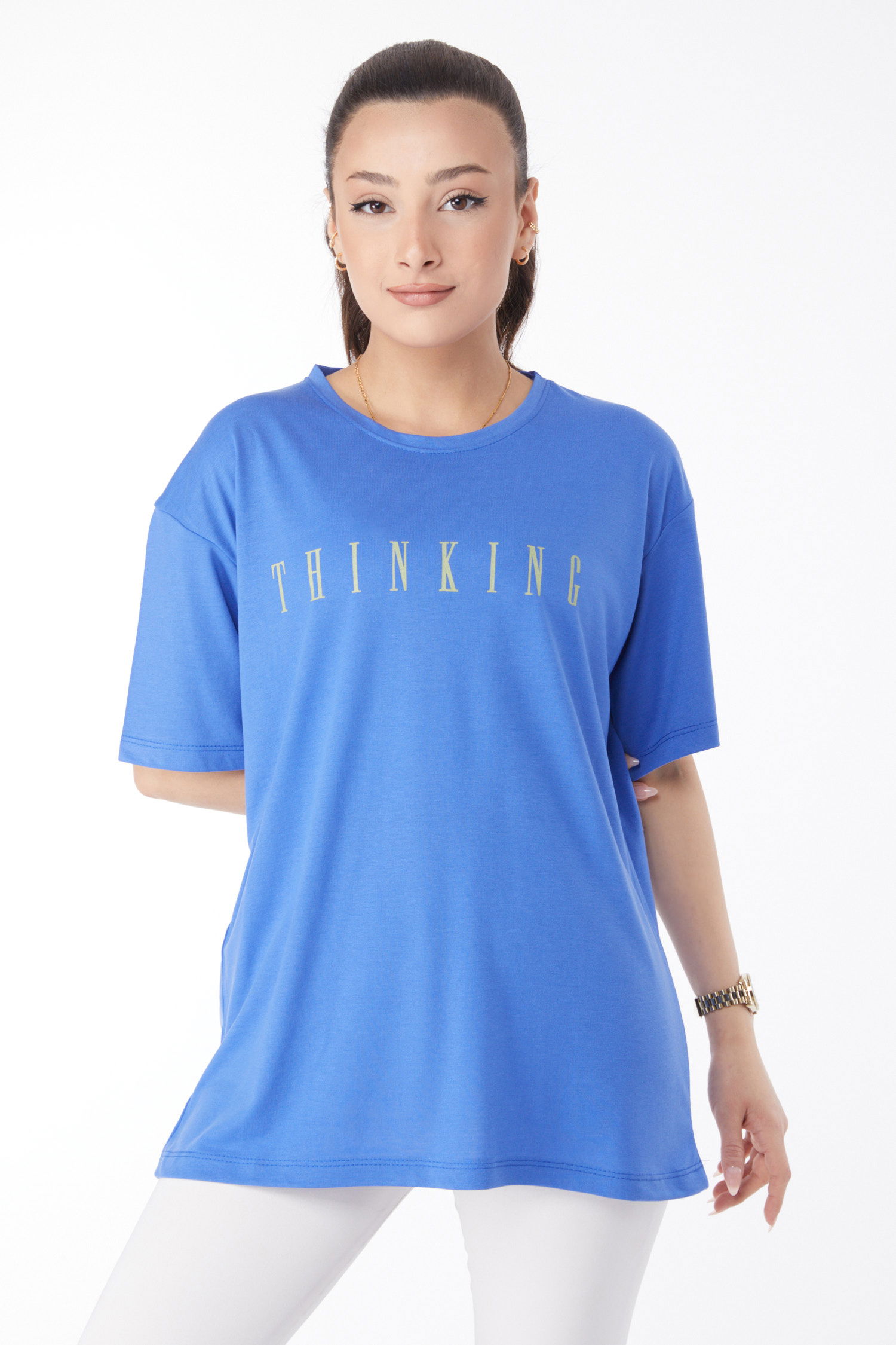 Kısa Kollu Baskılı T-shirt Saks - 24634 - 18