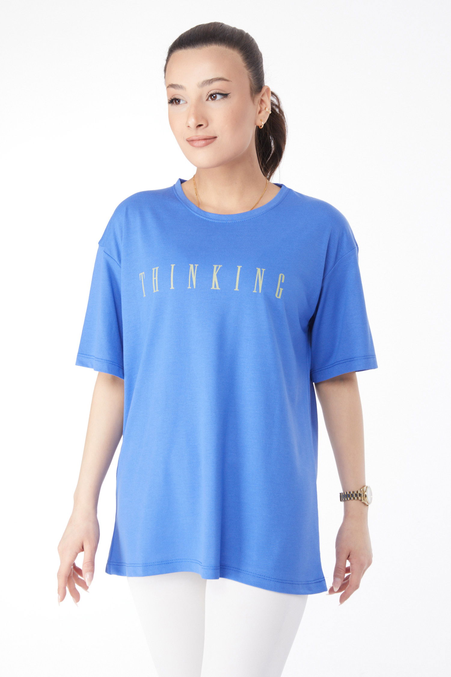 Kısa Kollu Baskılı T-shirt Saks - 24634 - 22