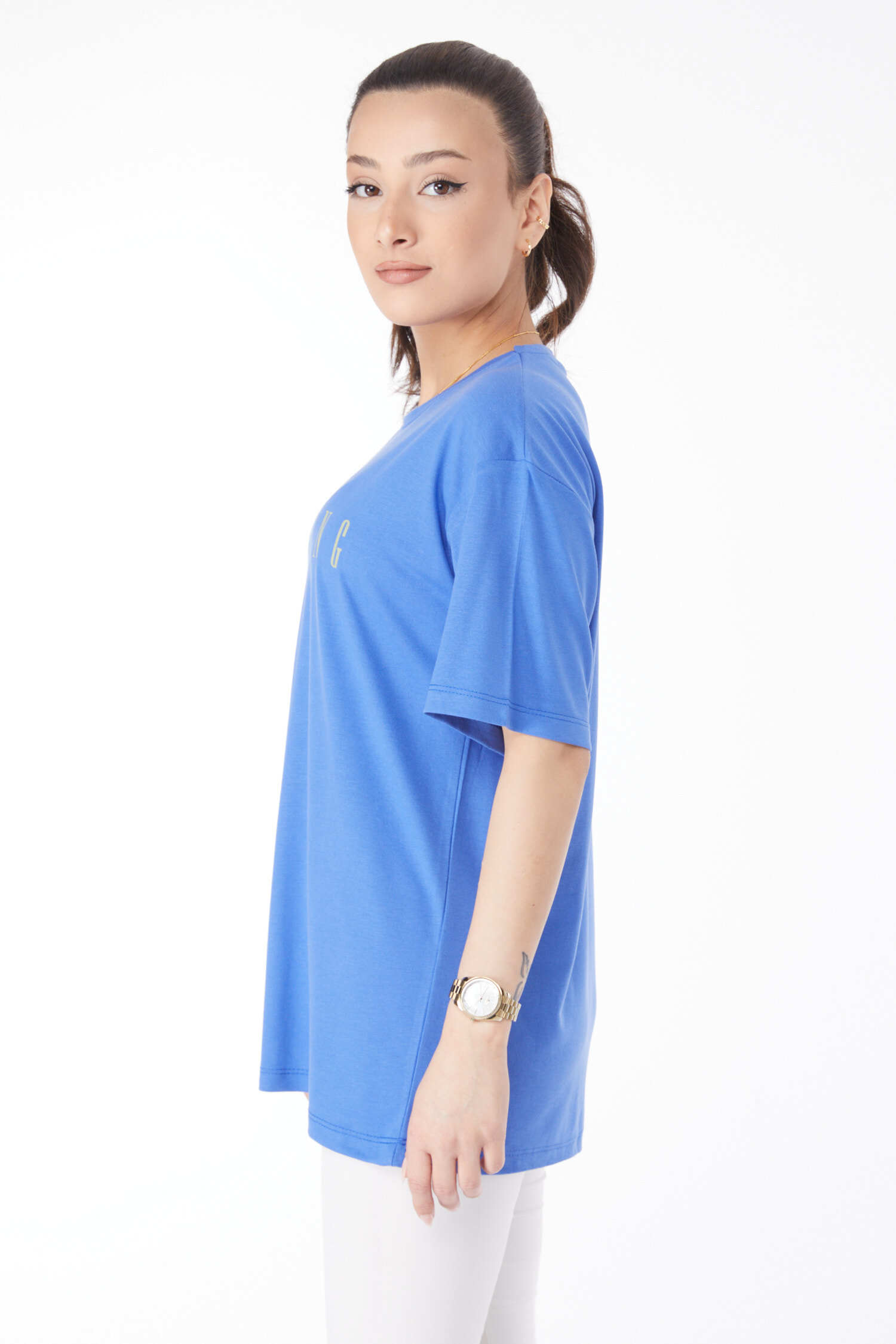 Kısa Kollu Baskılı T-shirt Saks - 24634 - 20