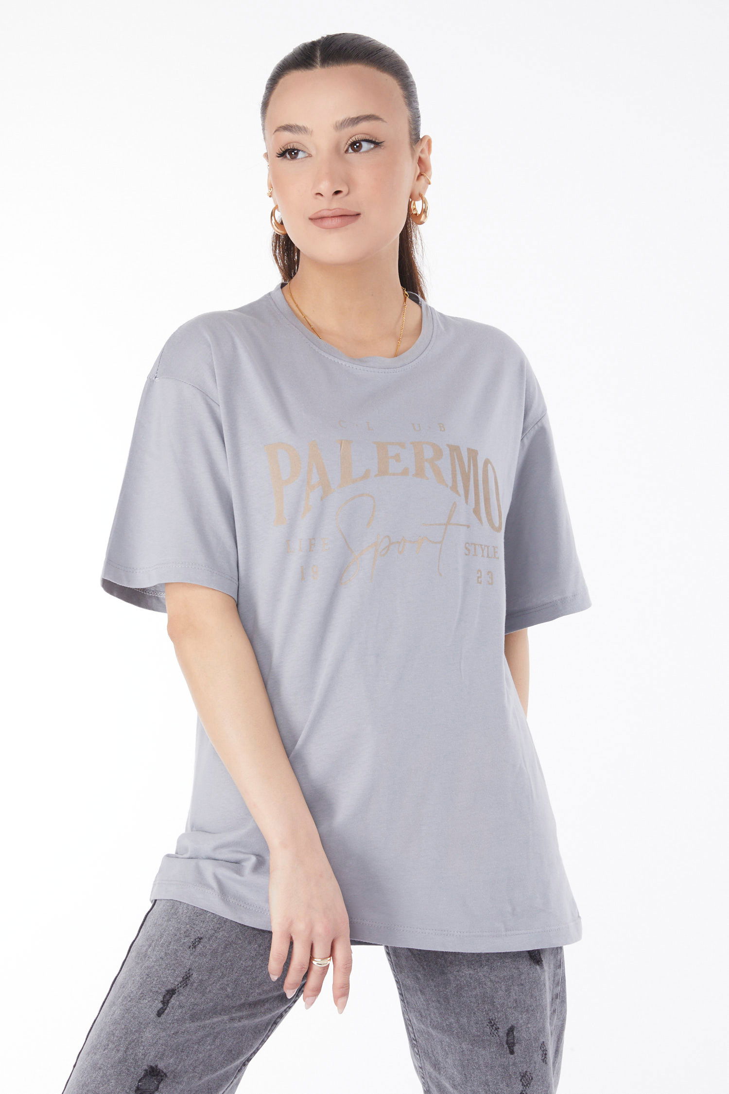Kısa Kollu Baskılı T-shirt Gri - 24637 - 9