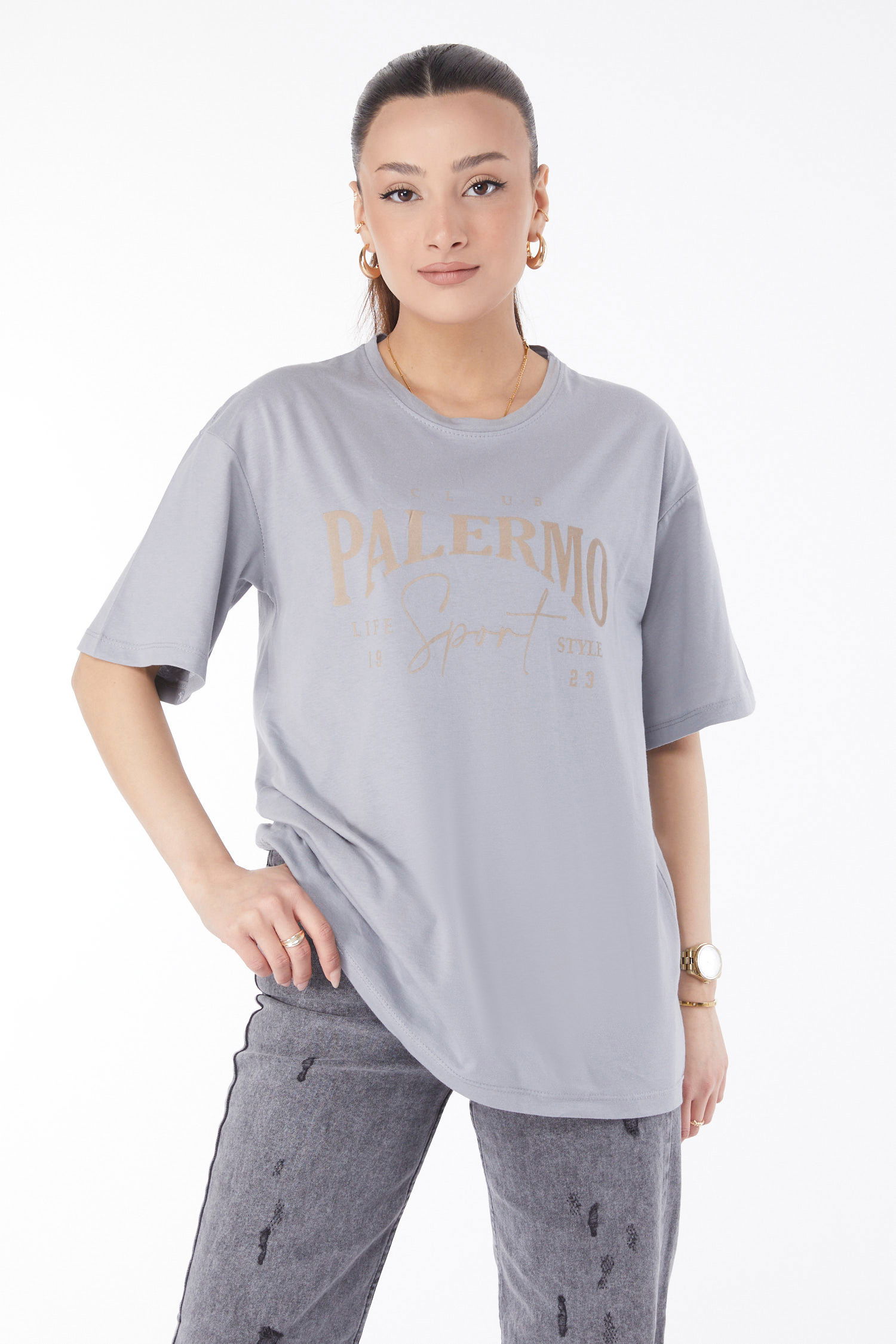 Kısa Kollu Baskılı T-shirt Gri - 24637 - 1