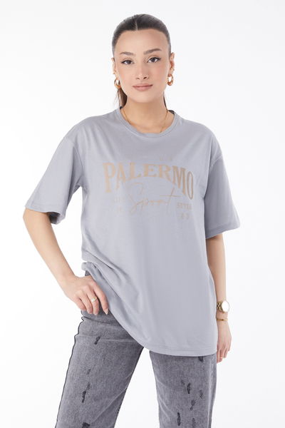 Kısa Kollu Baskılı T-shirt Gri - 24637 