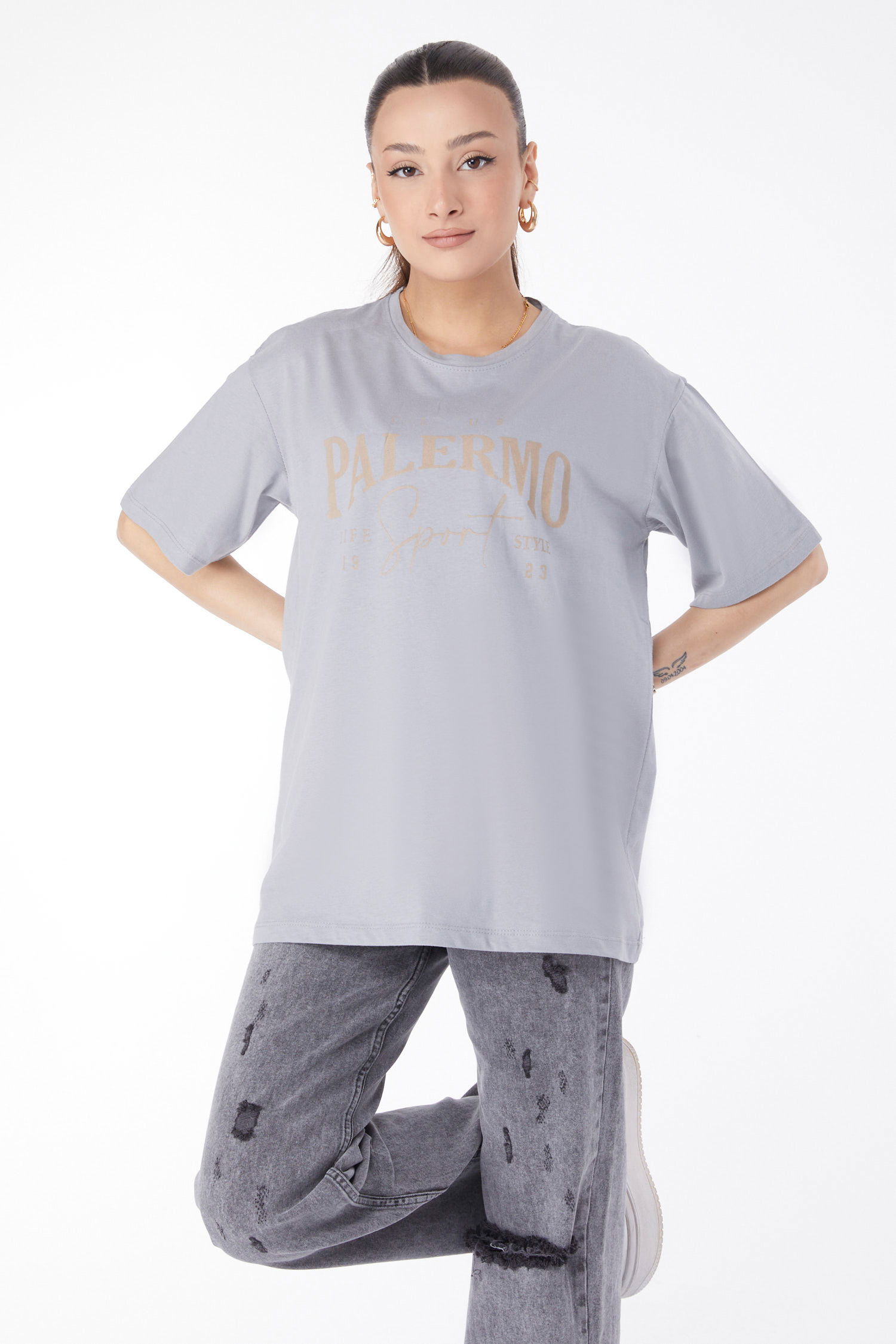 Kısa Kollu Baskılı T-shirt Gri - 24637 - 2