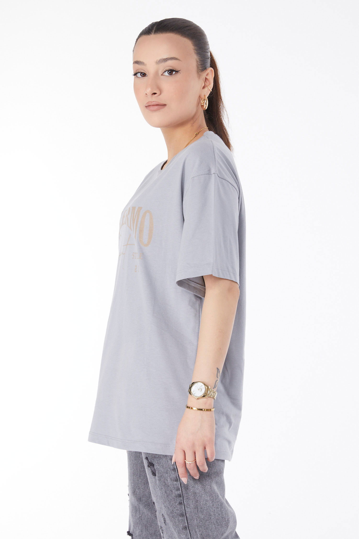Kısa Kollu Baskılı T-shirt Gri - 24637 - 3