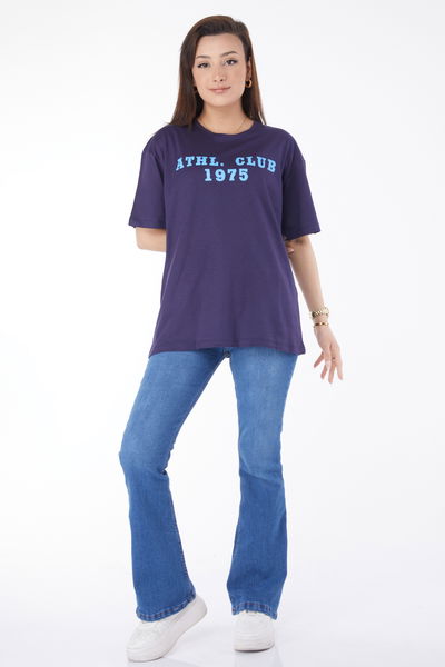 24644-LACIVERT Bisiklet Yaka Kısa Kollu Baskılı T-shirt 