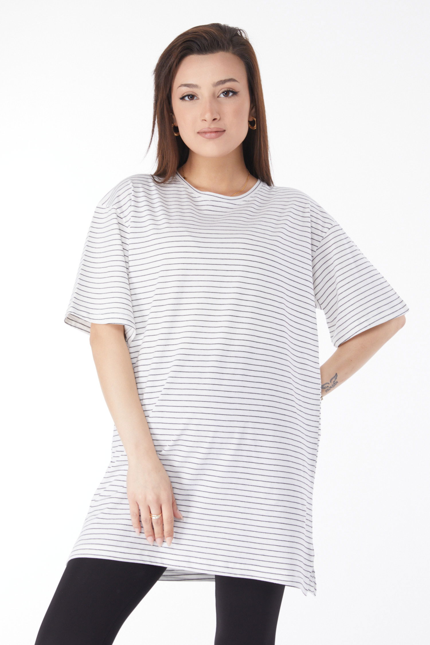 Kısa Kollu Çizgili T-shirt Beyaz - 24655 - 1