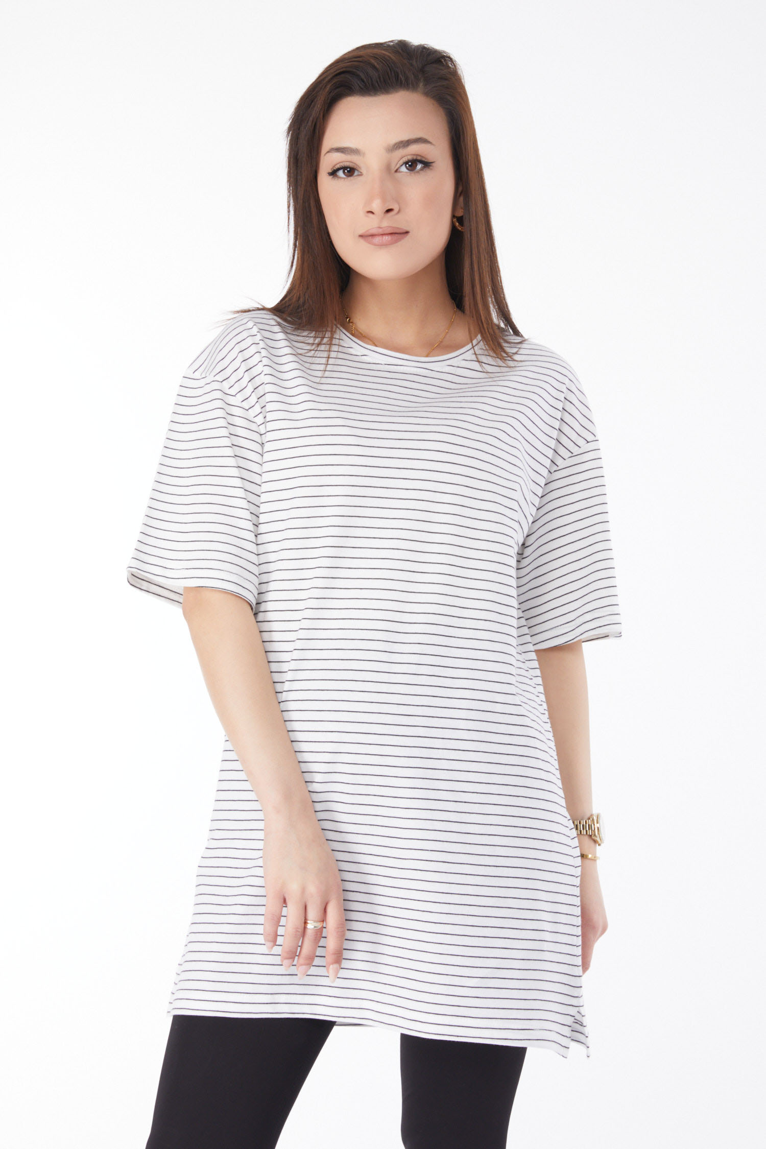 Kısa Kollu Çizgili T-shirt Beyaz - 24655 - 3