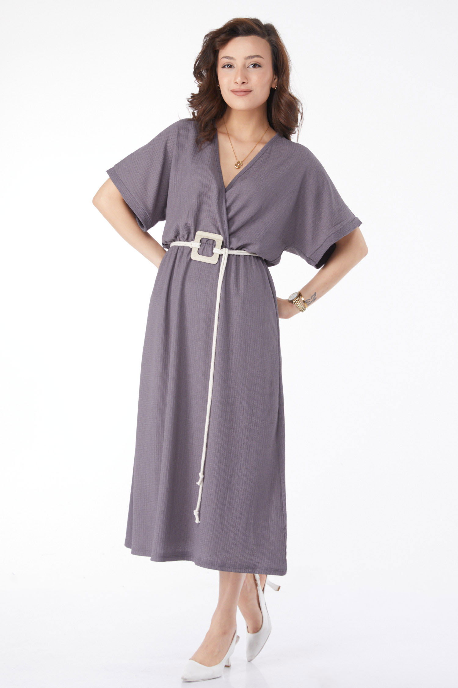24660-FUME Kemerli Elbise - 8