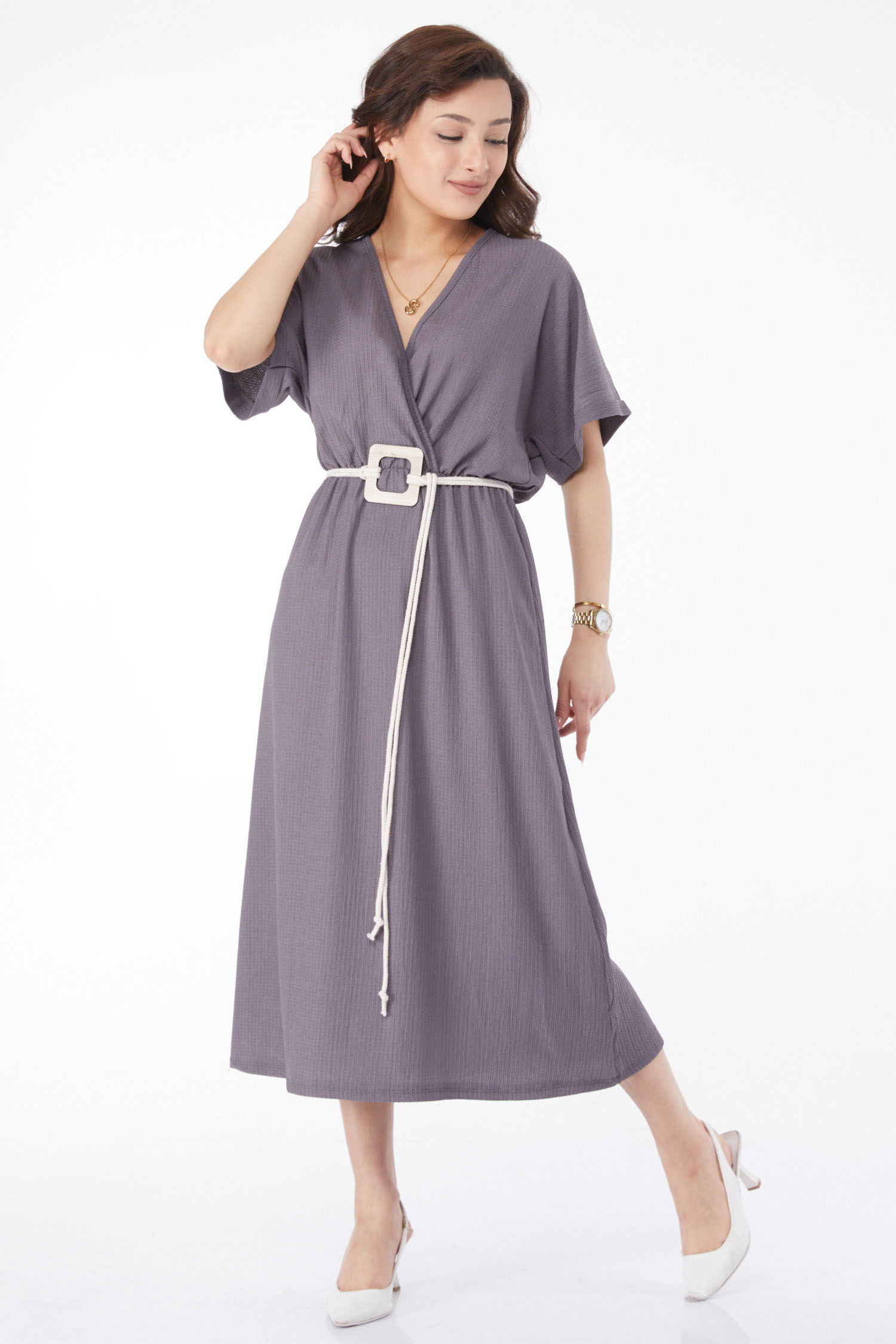 24660-FUME Kemerli Elbise - 1