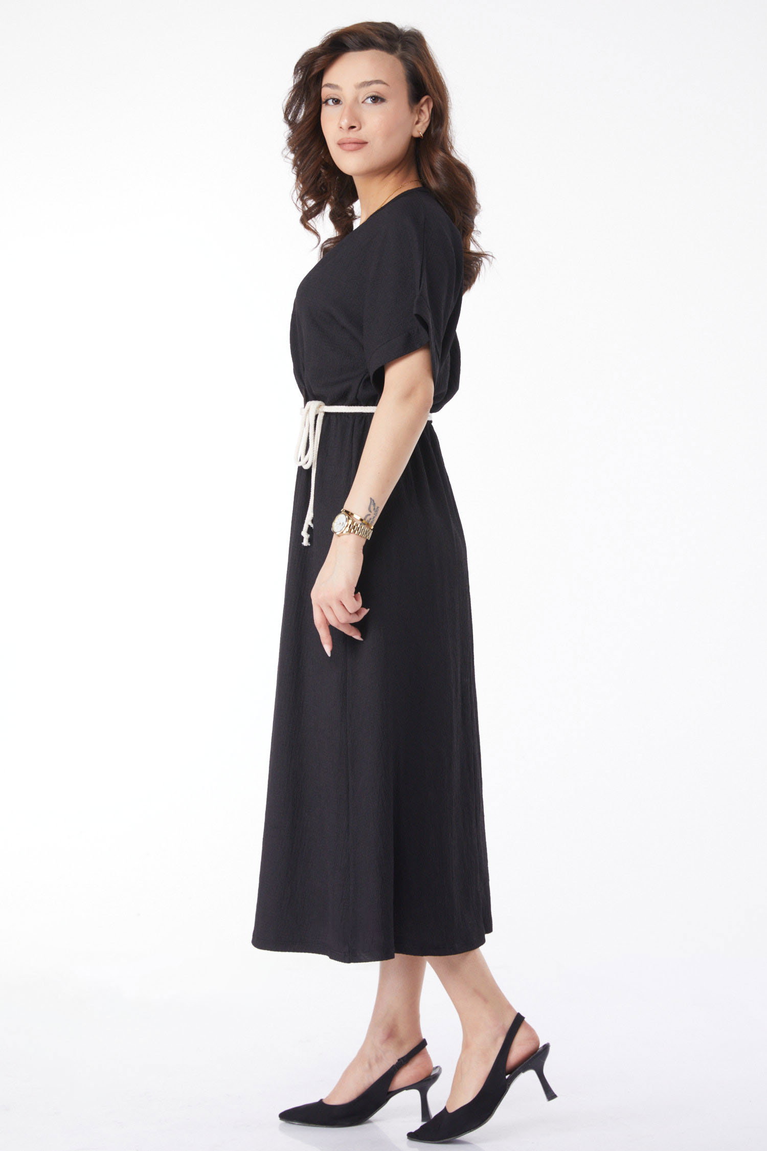 Kemerli Elbise Siyah - 24660 - 4