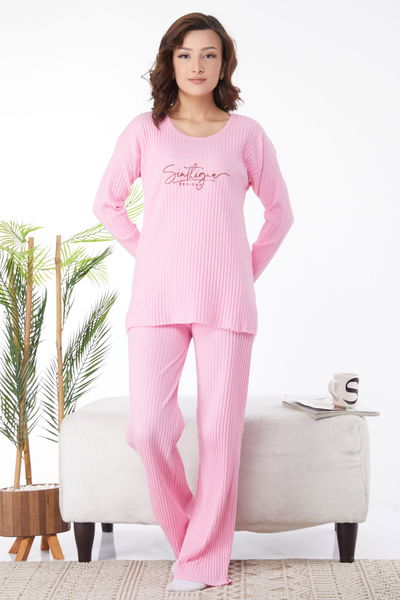 24701-PEMBE Bisiklet Yaka Baskılı Uzun Kollu Pijama Takımı 
