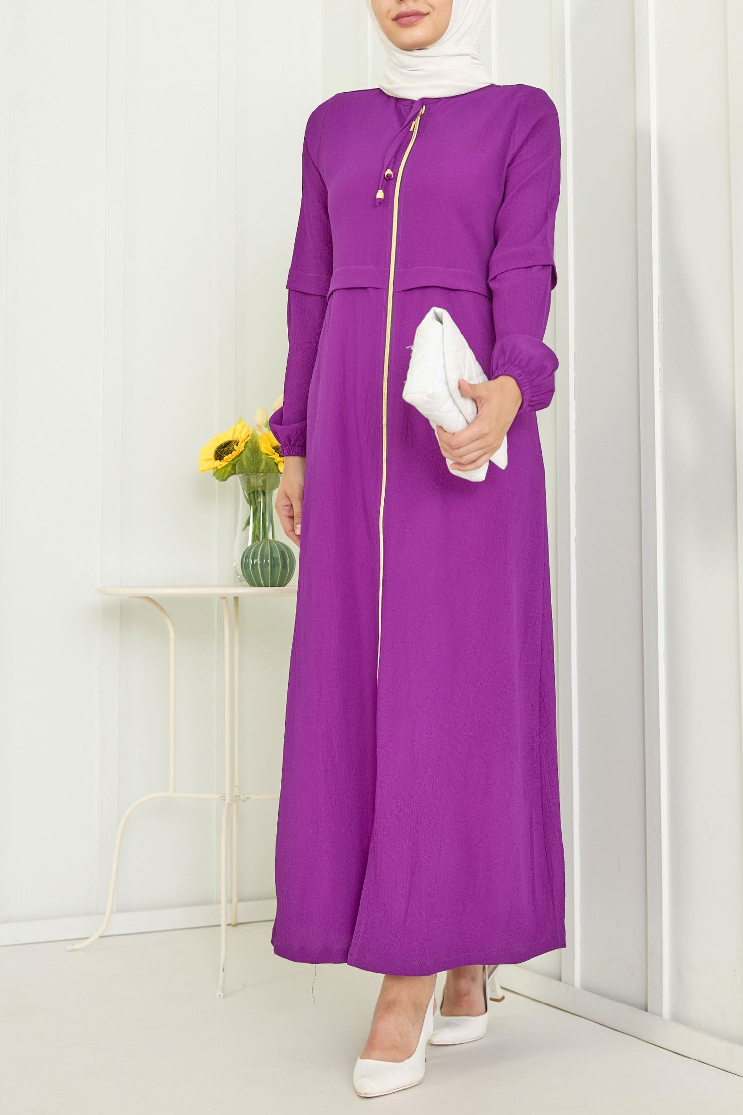 3659-MOR Boydan Fermuarlı Ferace - 1