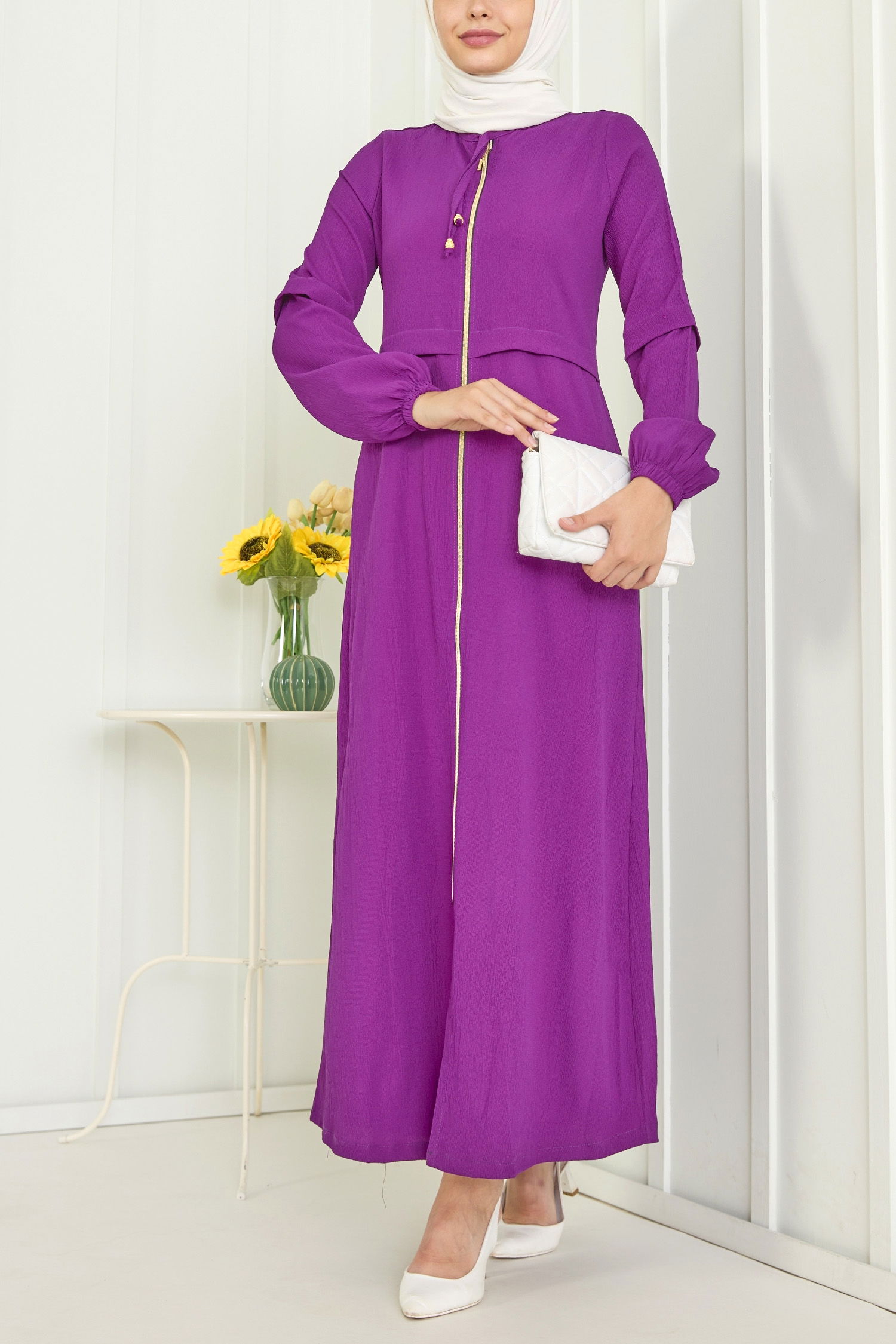 3659-MOR Boydan Fermuarlı Ferace - 2