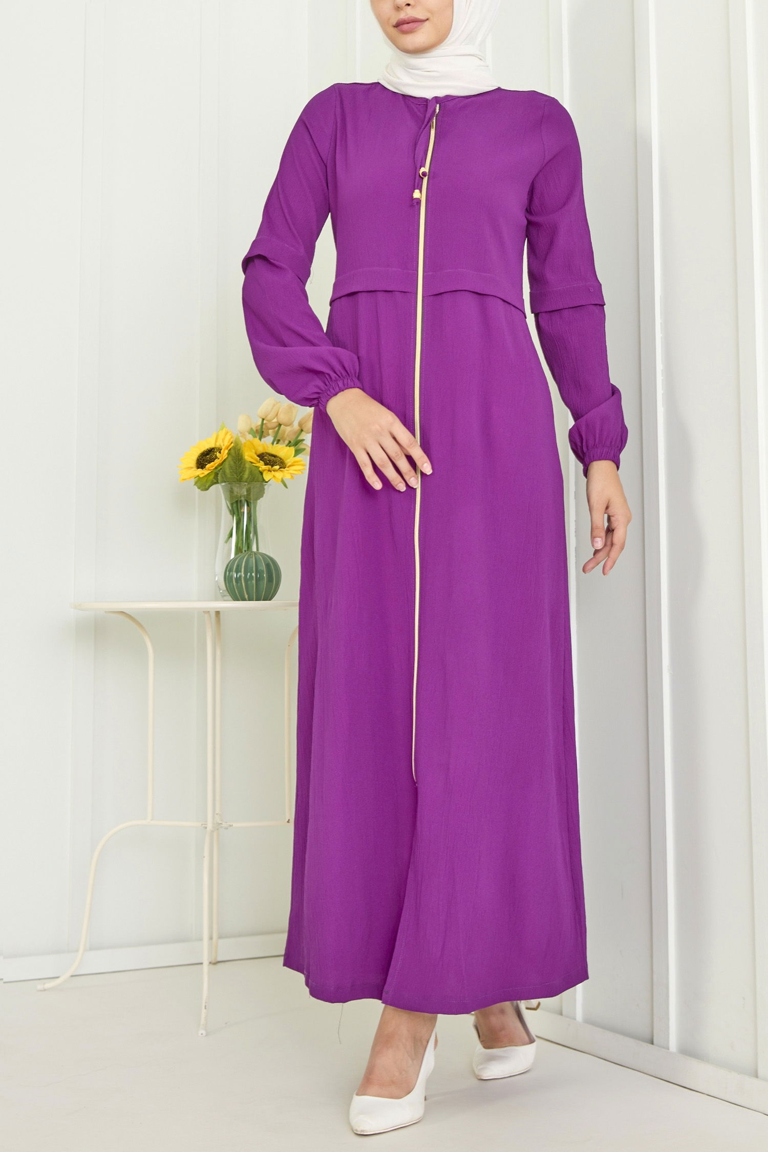 3659-MOR Boydan Fermuarlı Ferace - 3