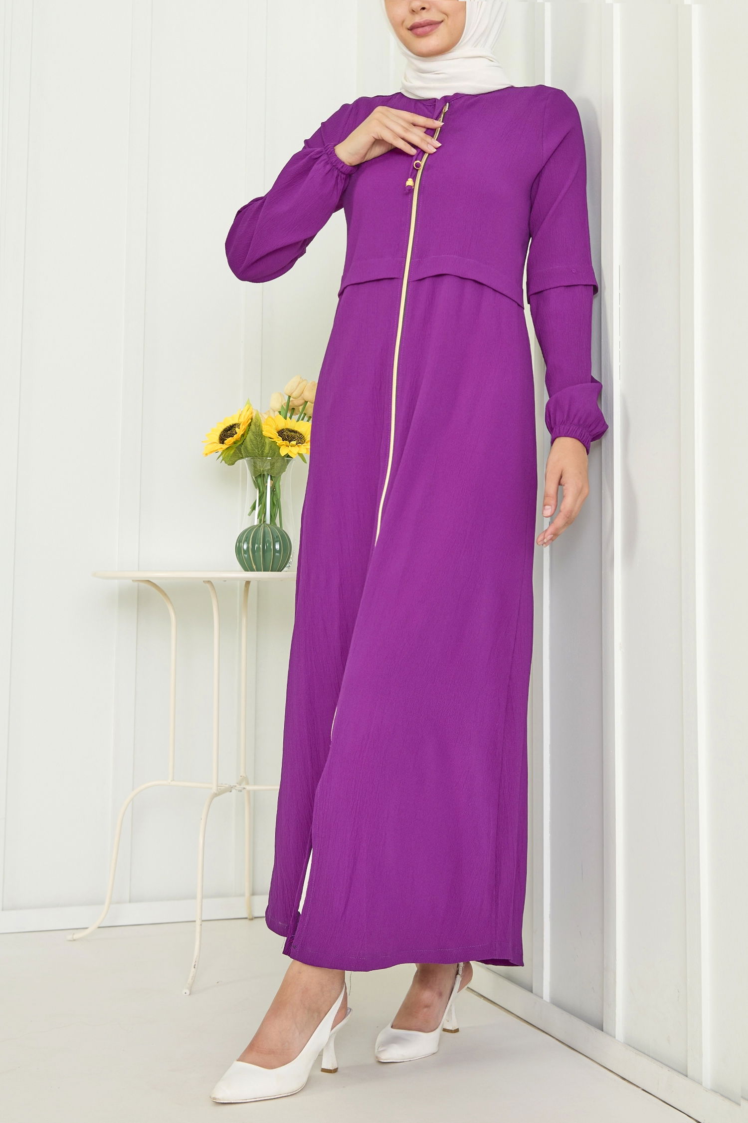 3659-MOR Boydan Fermuarlı Ferace - 4