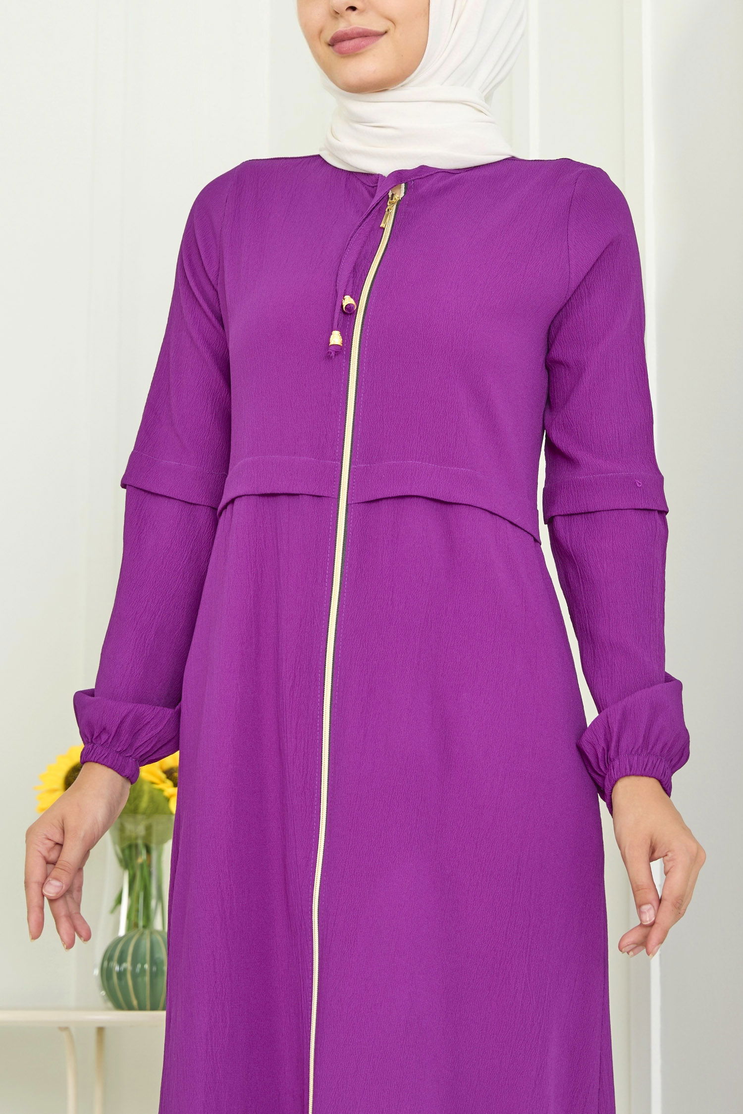 3659-MOR Boydan Fermuarlı Ferace - 6