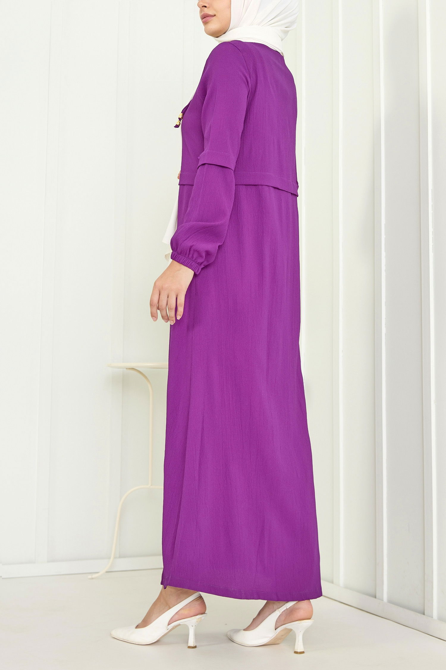 3659-MOR Boydan Fermuarlı Ferace - 7