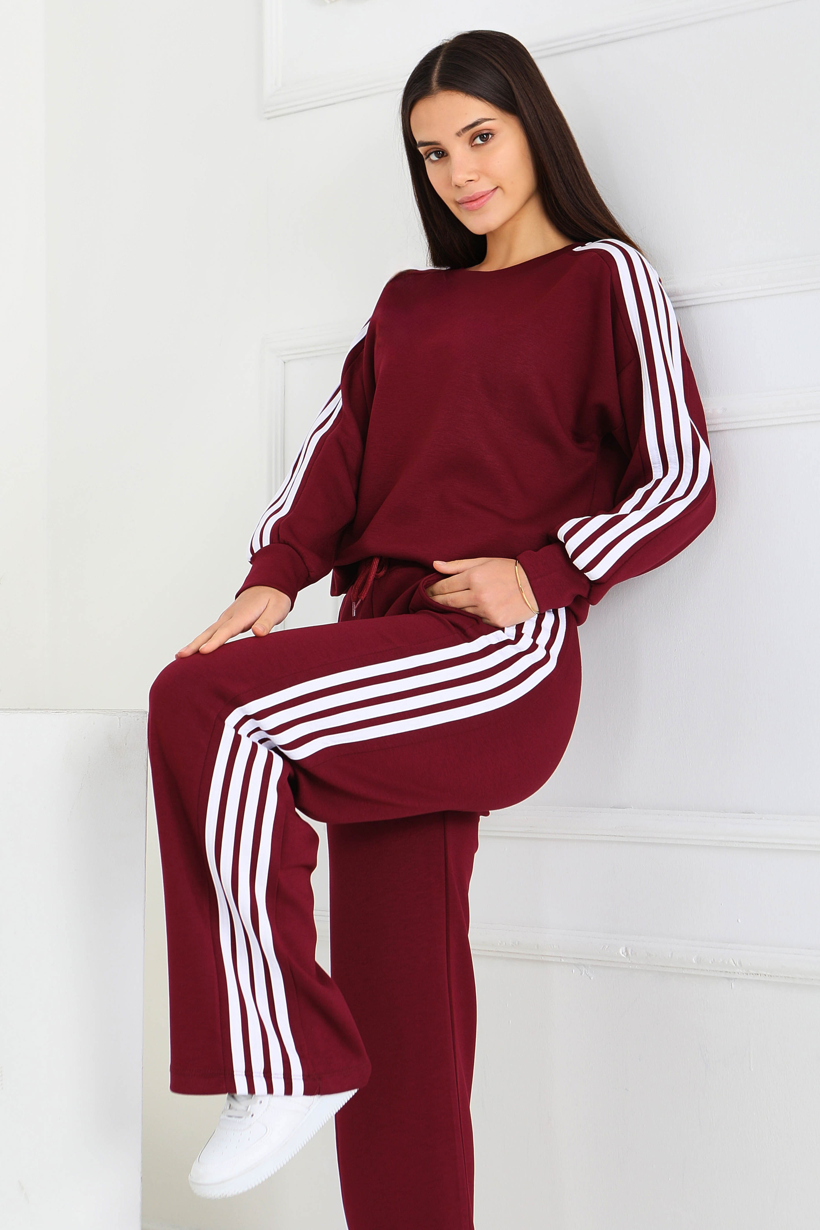 4 Şerit Detaylı Modal İkili Takım - 27871-BORDO - 2