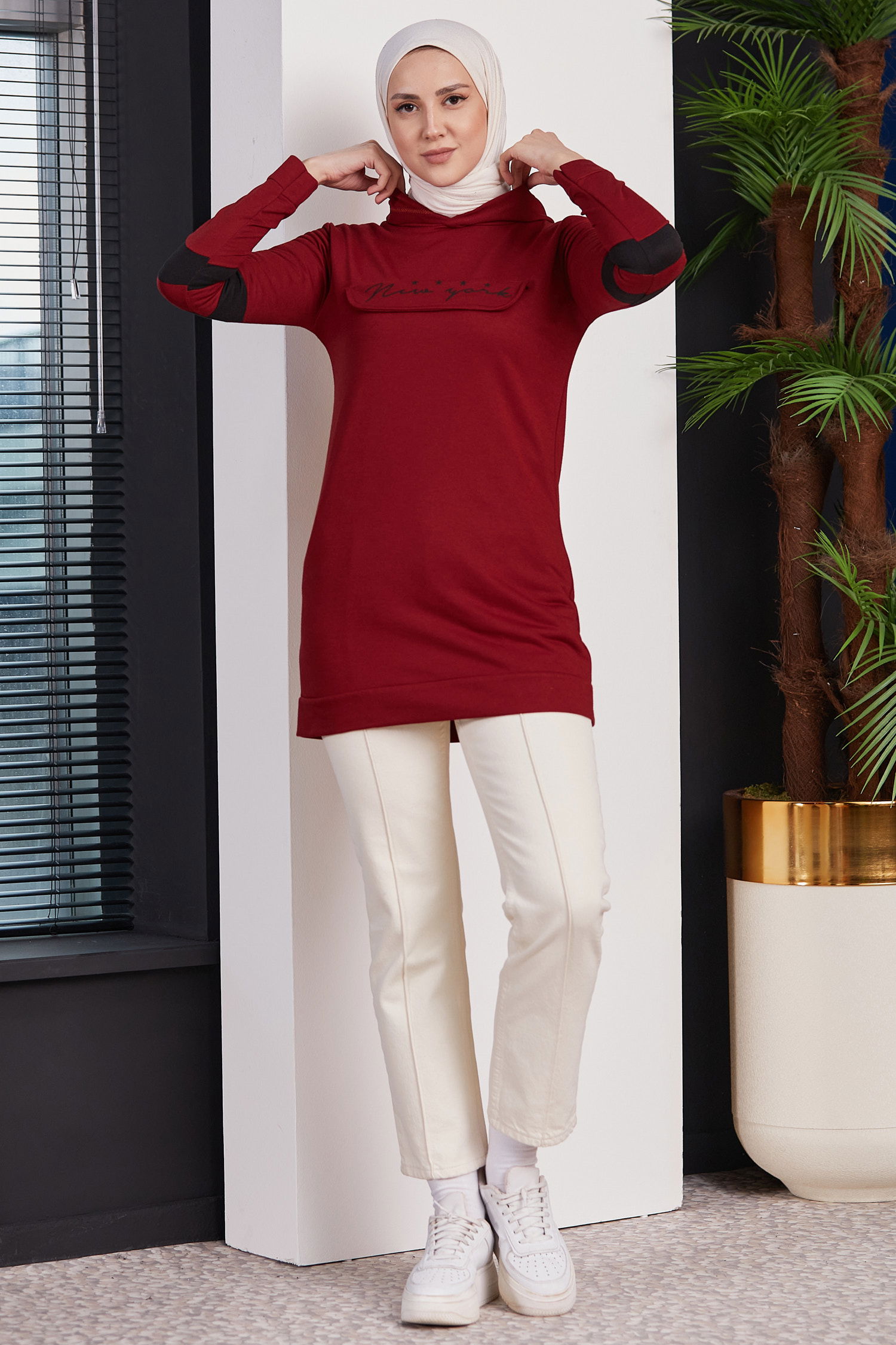 7850 Kapşonlu Tunik Bordo - 1