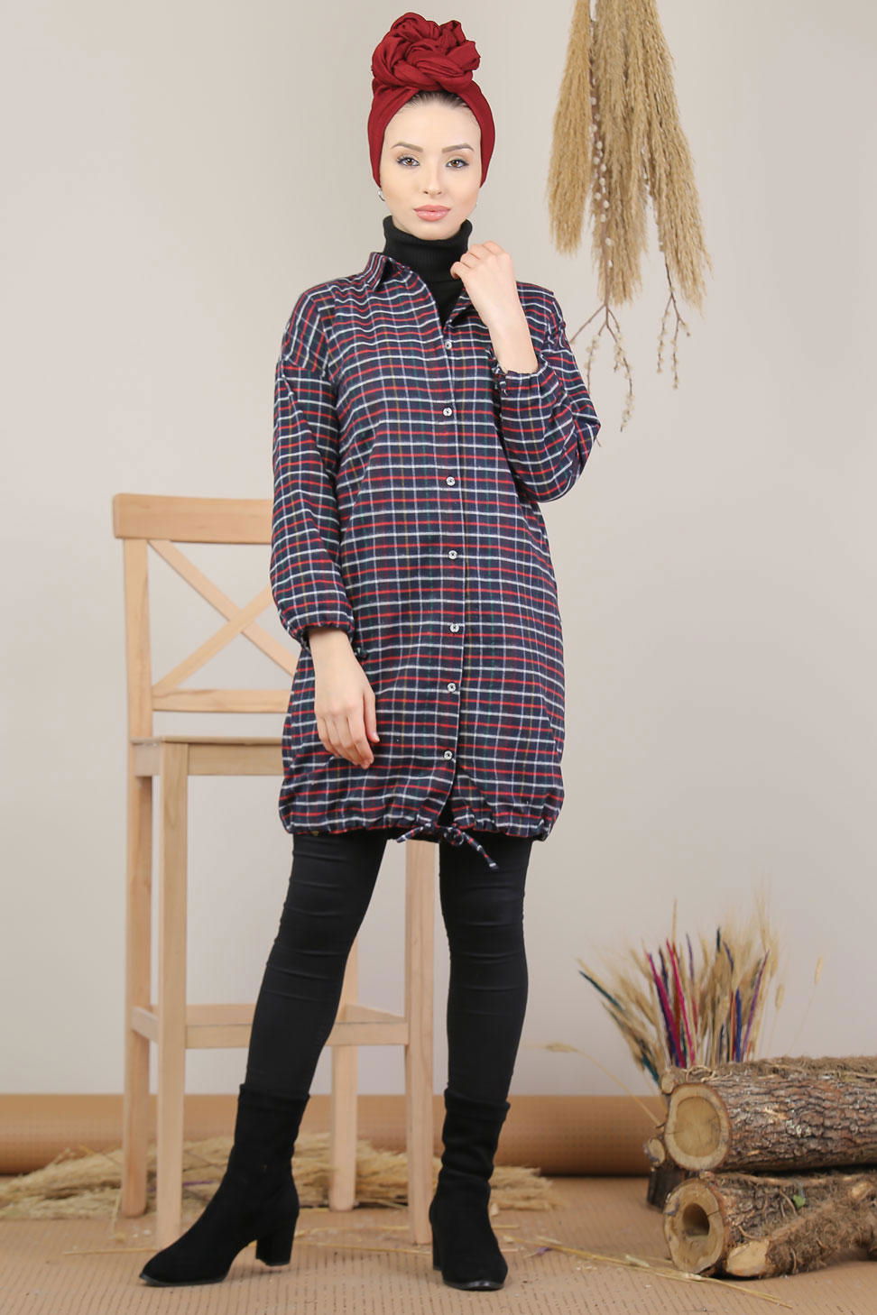 Ekose Tunik İplik bordo - 8129 - 2