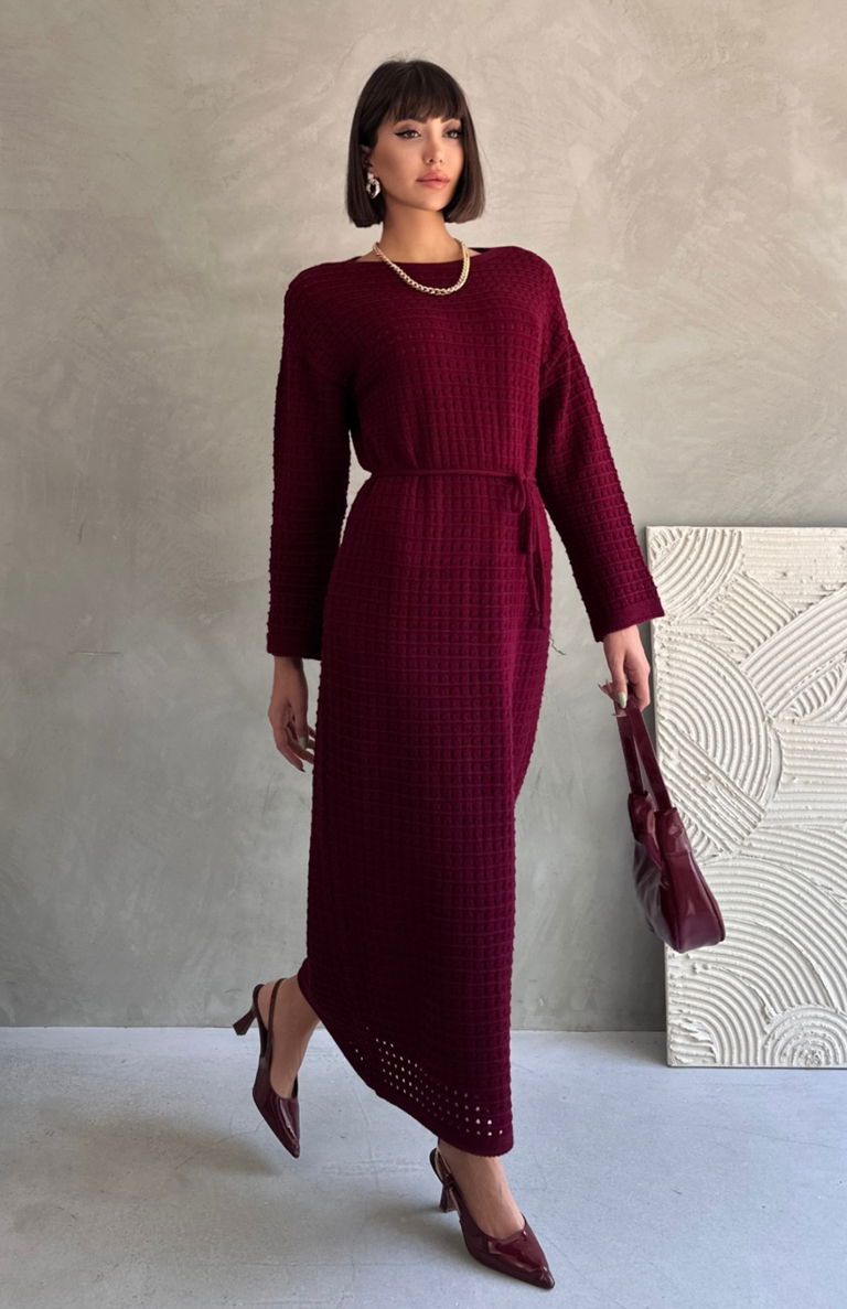 Ajurlu Astarlı Bağcıklı Triko Elbise - 27711-BORDO - TOFİSA