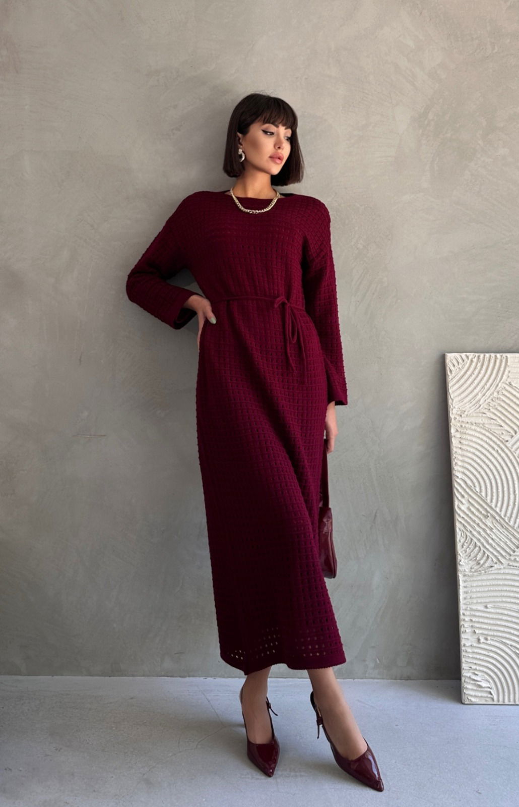 Ajurlu Astarlı Bağcıklı Triko Elbise - 27711-BORDO - 2