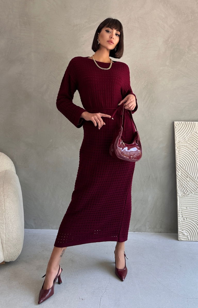 Ajurlu Astarlı Bağcıklı Triko Elbise - 27711-BORDO - TOFİSA