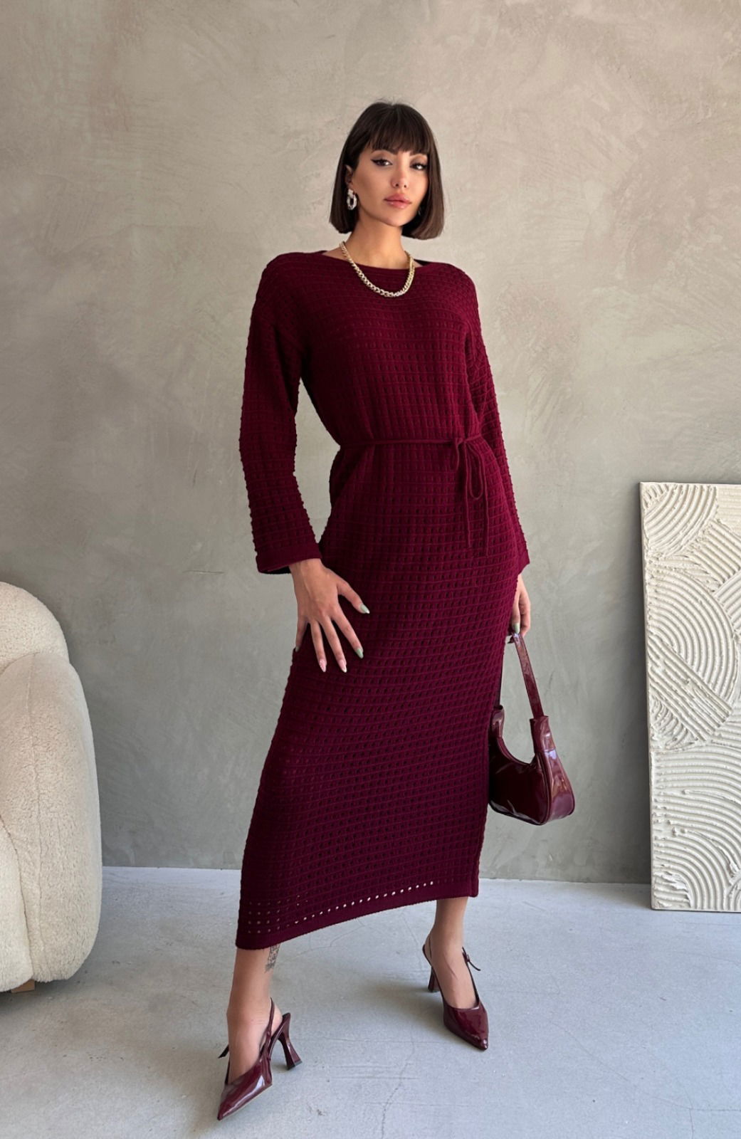 Ajurlu Astarlı Bağcıklı Triko Elbise - 27711-BORDO - 4