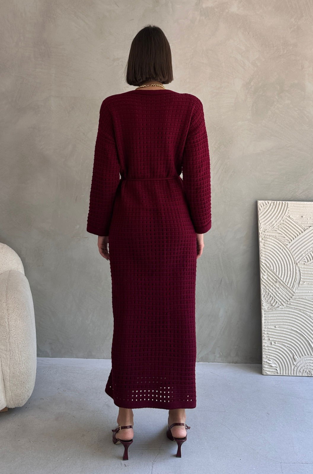 Ajurlu Astarlı Bağcıklı Triko Elbise - 27711-BORDO - 5