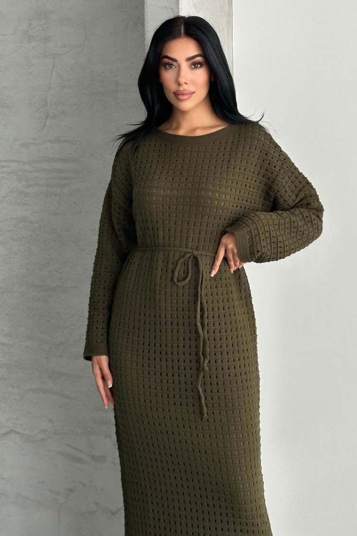 Ajurlu Astarlı Bağcıklı Triko Elbise - 27711-HAKI - 2