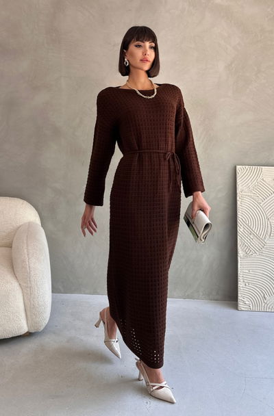 Ajurlu Astarlı Bağcıklı Triko Elbise - 27711-KAHVE 