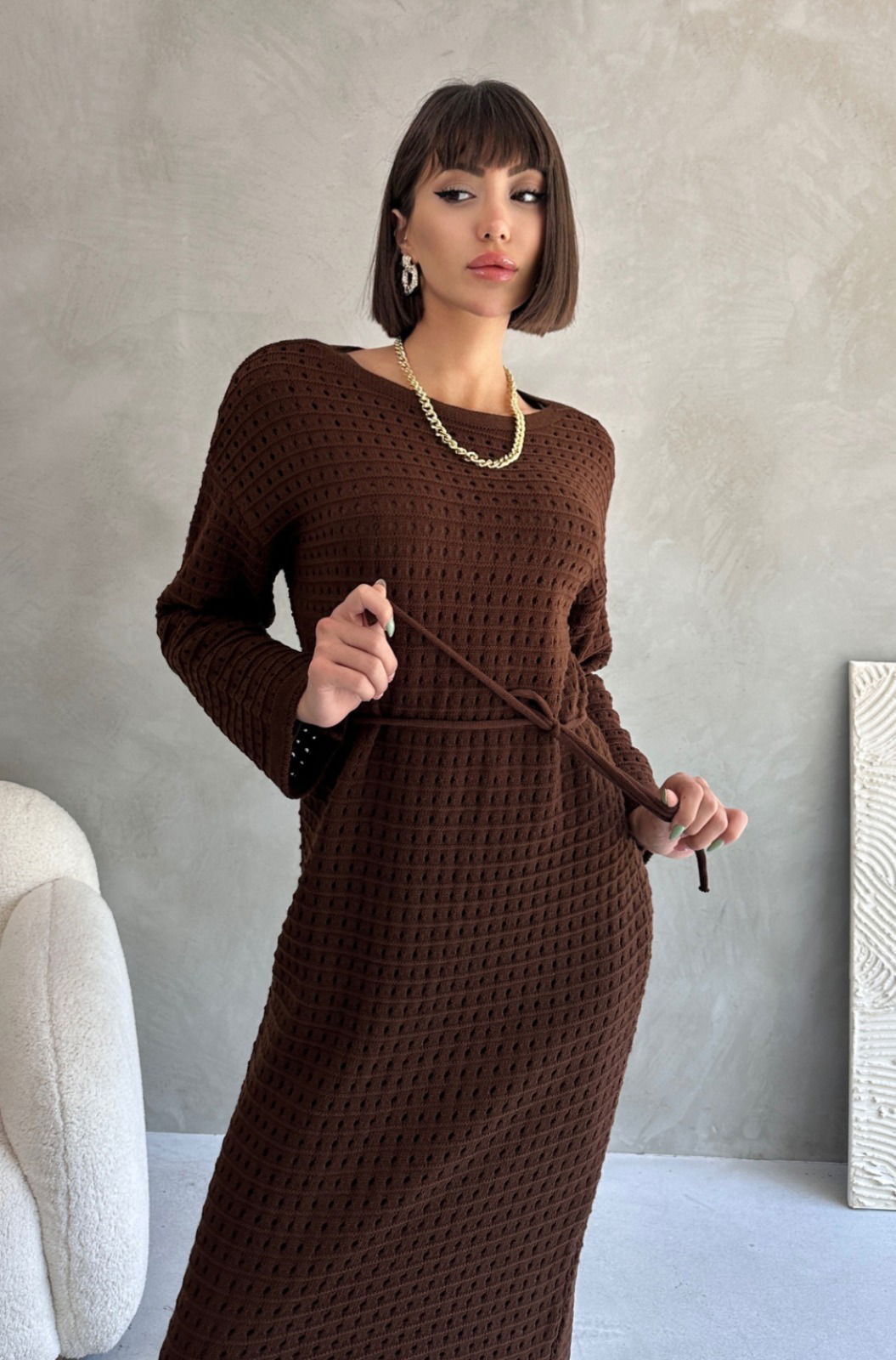 Ajurlu Astarlı Bağcıklı Triko Elbise - 27711-KAHVE - 2