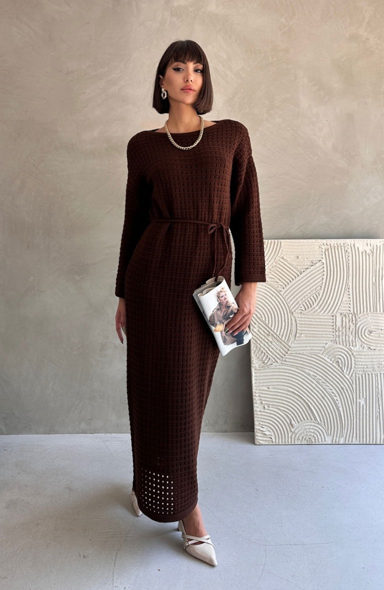 Ajurlu Astarlı Bağcıklı Triko Elbise - 27711-KAHVE - TOFİSA